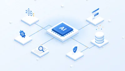 Isometric illustration of an AI chip connected to a neural network, a chat assistant, a vector database and documents