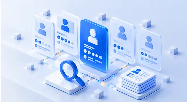 Isometric illustration of engineer profile cards with one highlighted candidate and a magnifying glass