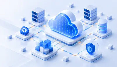 Isometric illustration of a cloud connected to servers, a database, containers, automation and security