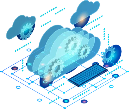 Isometric illustration of cloud infrastructure with gears and a connected circuit board