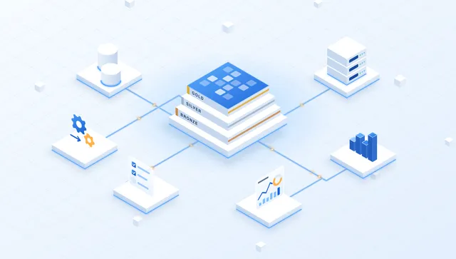 Isometric illustration of a lakehouse with bronze, silver and gold layers connected to databases, servers, data pipelines, a data catalog, a dashboard and charts