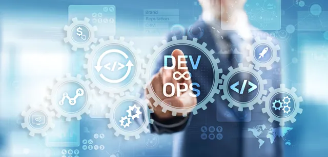 Hand touching a DevOps icon surrounded by gears with code, deployment and analytics symbols