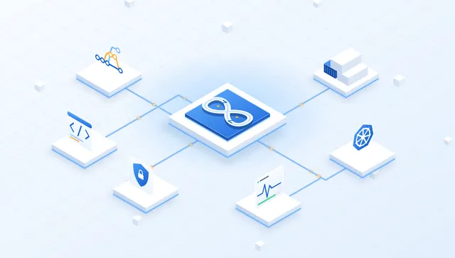 Isometric illustration of a DevOps infinity loop connected to Git branches, containers, Kubernetes, code, monitoring and security