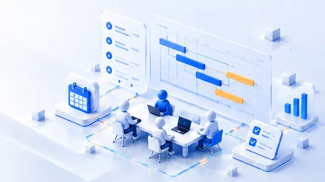 Isometric illustration of a team at a table with a Gantt chart, calendar, checklist and progress chart